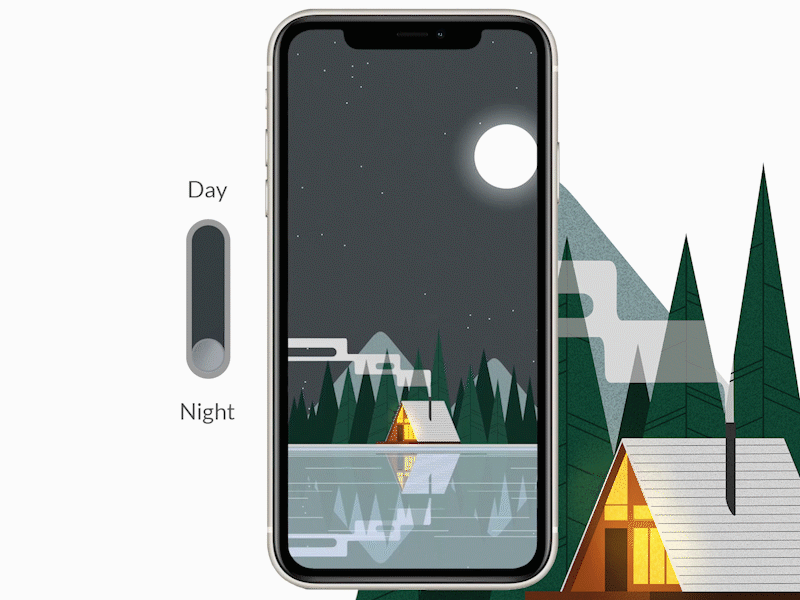 Cabin Through Day And Night animation art branding christmas cinema4d day design flat illustration illustrator landscape minimal moon night reflection retro smartphone sun vector winter