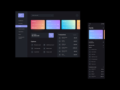 Online bank Dark theme bank bank card banking card dark theme design desktop mobile ui ux web