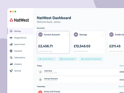 Natwest Banking Dashboard app app design application banking banking app brand branding clean design flat minimal minimalist minimalistic purple purple logo ui user experience user interface user interface design ux