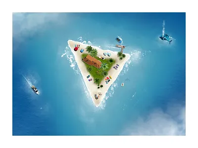 Triangle island beach boat fantasy hike one holiday island realistic sea sunny triangle vacation water waves