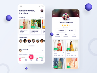 Vinimay / User Feed app apple clean colorful dress feed ios items mobile pink profile purple settings shop swap ui ux women