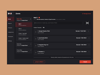 Bar Inventory Management bar black button calculator calculator ui dailyui dark dashboard inventory inventory management johny vino panel red search side navigation uiux website