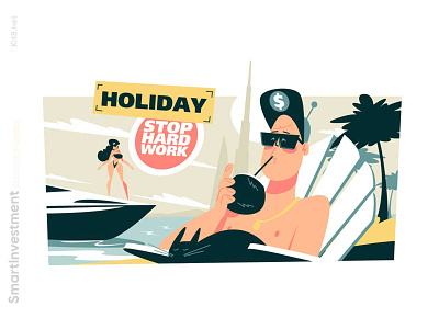 Guy relaxing on beach illustration beach character cocktail flat illustration kit8 man relaxing vector