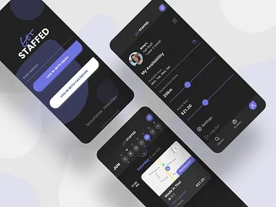 Get Staffed - Job Seeker app app design calendar colourful dark dark mode design iphone x organiser preference profile purple recruitment settings ui slider uxui
