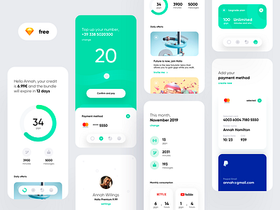 Holio Telco App (Free Sketch) app bank card color concept creative dashboard design dribbble flat free freebie ios kit material sketch telco top up ui ux