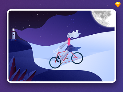 Feel Free in Dark Winter background bike dark app dark ui design flat girl girl illustration illustration landing page lighthouse moonlight mountain nature night sketch ui vector web design winter