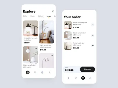 Furniture E-commerce App 2019 app black cards design e commerce furniture furniture app home ios13 iphone11 lamps layout list product shop tabs ui ux yellow