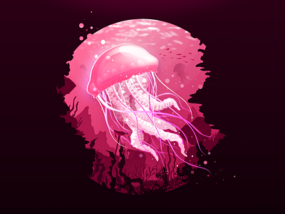 Jellyfish algae bottom circle elipse fish illustration landscape nature negative new ocean pink proart prokopenko sea tentacles trend underwater vector water