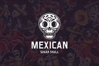 Dia de Muertos Skull Logo Template brand identity branding creative design culture day of the dead dia de muertos flower logo freelance logo designer heart illustrative logotype logo design logo template love mexican negative space logo party event skeleton stock logo sugar skull vector