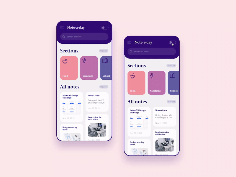 Note-a-day App Light vs. Dark Mode adobexd animation color design interaction mobile app mobile app design mobile ui prototype ui ux xd design xddailychallenge