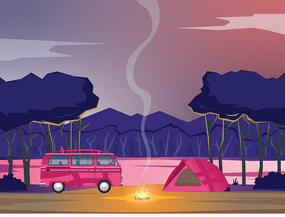 Dribbble Camping camp campfire camping cloud design dribbble fire forest graphic illustration lake landscape night tree