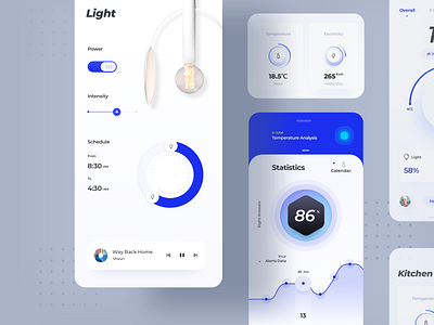 Smart Home App 02 app app design blue clean data decoration design home house icon interior kitchen lamp light smart smart home ui ui design ux design