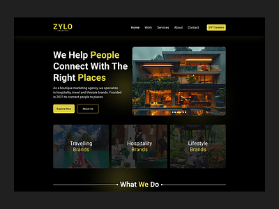 Zylo Creative Website Design black daily ui dark design inspiration dribbble e commerce website figma hospitality website lifestyle website listing website travel website ui ux ux trends web design yellow