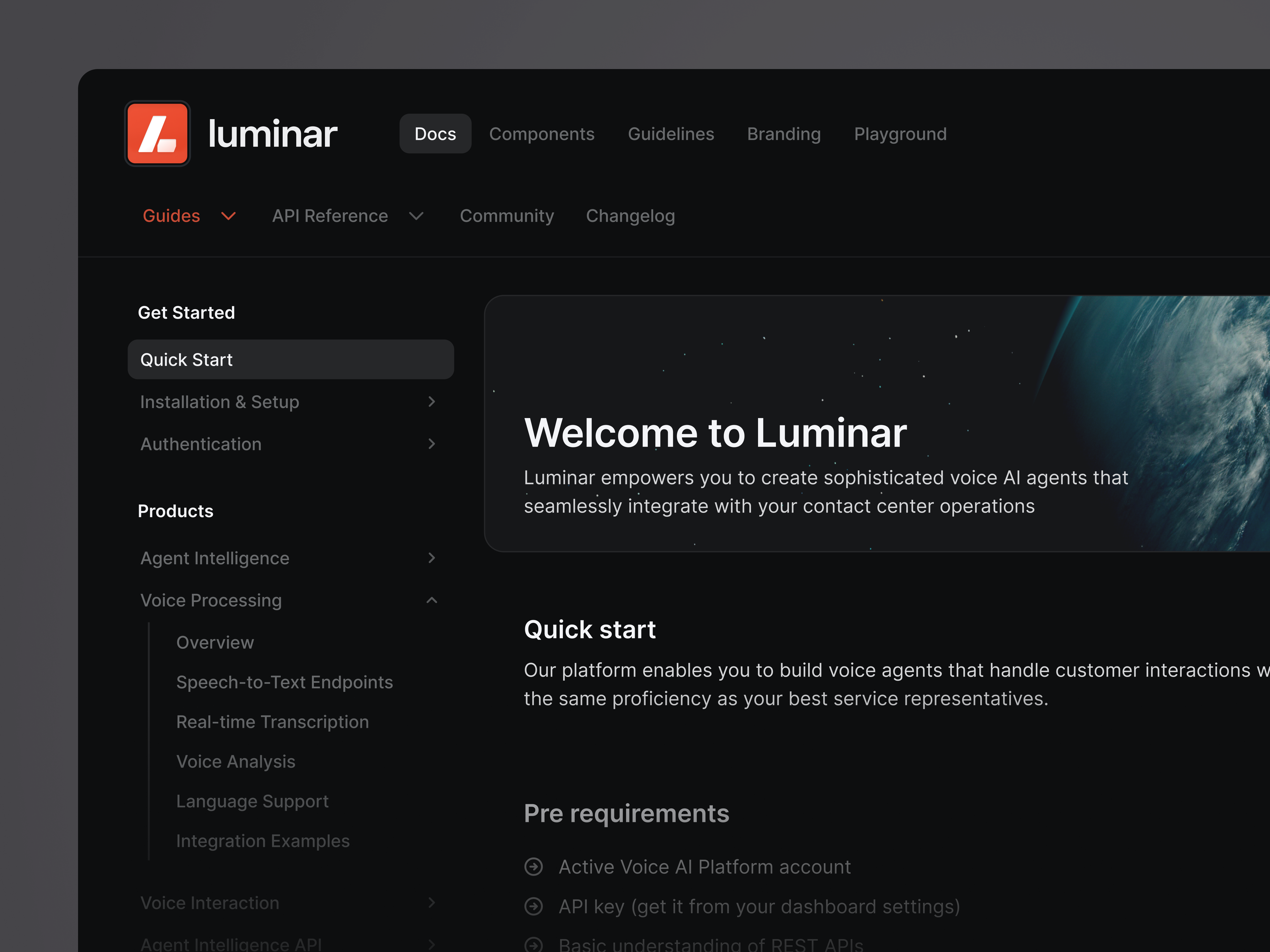 Luminar AI: Docs agents ai api api reference artificial inteligence artificial inteligene automation clean dark design system docs documentation pipelines quick start webapp webapps workflows