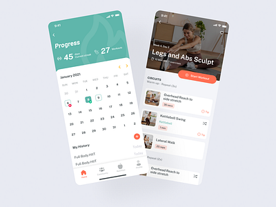 Fitness app calendar calendar view exercise exercise list fitness fitness app health mobile app overview progress startup streaks ui ui design uidesign uiux uxdesign workouts