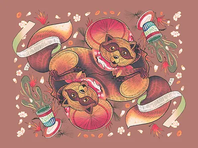 Tanuki artwork cherry blossoms illustration japanese procreate raccoon symmetry tanuki