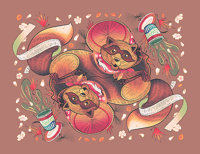 Tanuki artwork cherry blossoms illustration japanese procreate raccoon symmetry tanuki