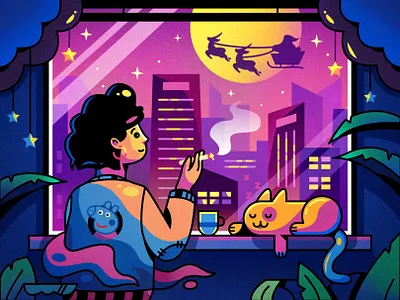 Christmas accompany building cat color cup deer father christmas home illustrator line lonely night plant smoking star