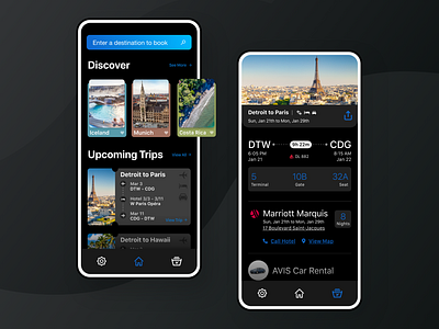 Away Travel Discovery App Dark Mode - UI Design airbnb app app design booking dailyui dark dark app dark ui design discover home screen itinerary planner search travel travel app travel booking trip planner ui ux