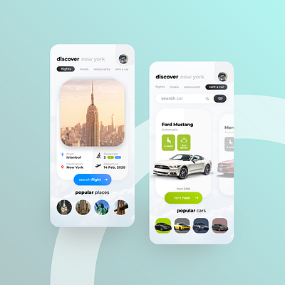 Booking & Flight Mobile App Design app application booking car design discover flat flight hotel ios mobile new york rent rental sketch ticket travel ui user interface ux