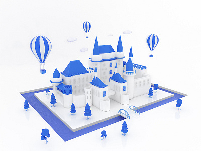 castle 3d 3d built arnold built c4d castle cinema 4d hot air balloon river tree