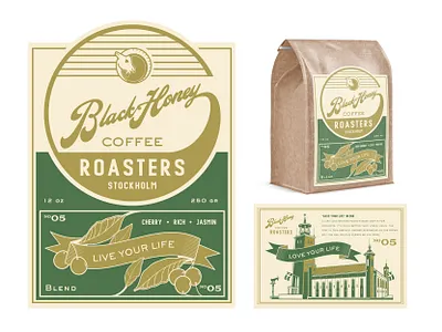 Black Honey Coffee Blends branding branding agency coffee concept design distillery gold green identity illustration kraft label lettering liquor logo packaging retro studio vintage whiskey
