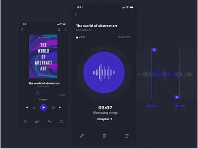 The concept of Audiobook. Dark version audio app audio player audiobook audiobooks book bookmarks dark ui delete design edit ios minimalistic mobile app mobile ui player ui share sound timeline ui ux