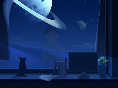 Good Night cat celestial body cup design illustration night room snow star window