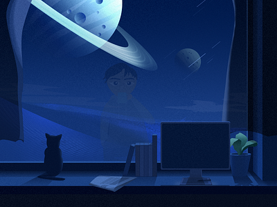 Good Night cat celestial body cup design illustration night room snow star window
