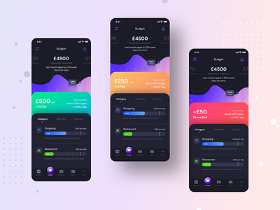 Different budget cards (version1) Dark tone app dark digital gradient graph icon illustration ios model neel night prakhar restaurant sharma shopping tab tabbar ui ux uxdesign