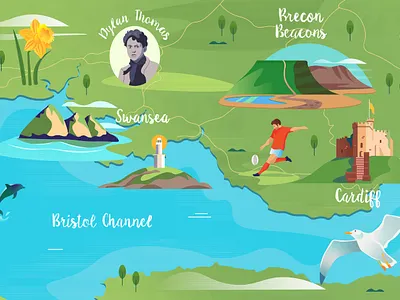 Illustrated map of Wales adobe illustrator adobe photoshop amsterdam branding design dylan thomas holland illustratedmap illustration illustrator pembroke swansea travel vector wales web