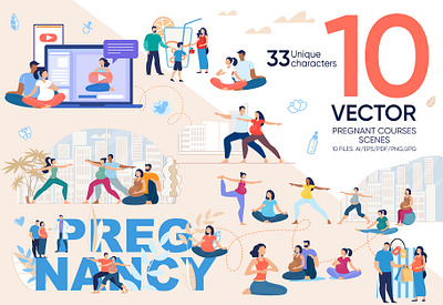 Pregnant Courses Vector Scenes banner childbirth exercise family fitness flat illustration internet landing mother motherhood online pregnancy pregnant preparation set trendy vector website yoga