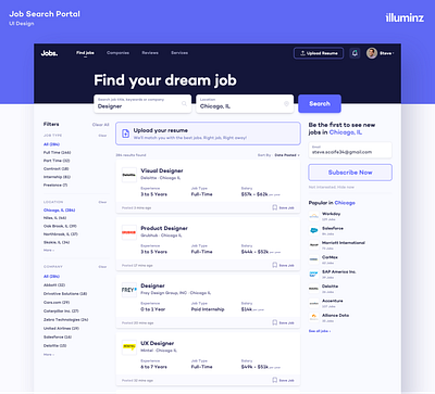 Find Jobs Page - Job Portal application branding cards clean colors dashboard header job board job listing job portal jobs list pattern search results typography ui design ui ux user interface web design website