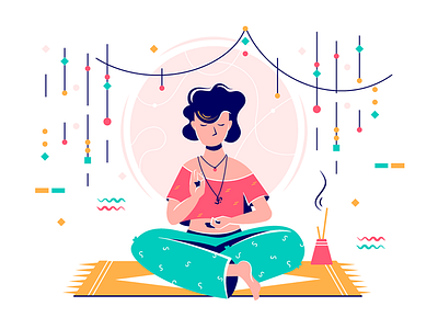 Woman at meditation session flat illustration kit8 meditation recreation relaxing session spiritual stick vector woman