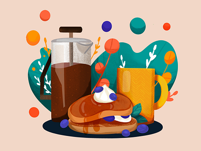 Coffee & Pancake berries breakfast coffee coffee shop cream food honey illustration pancake procreate