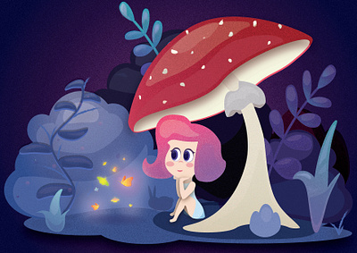 Illustration Little girl under the mushroom butterfly child illustration magic forest mushroom