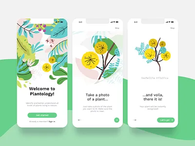 Nature app illustrations app app design design drawing flat flower identification illustration ios mobile ui nature onboarding screens plant simple steps typography ui ux vector web