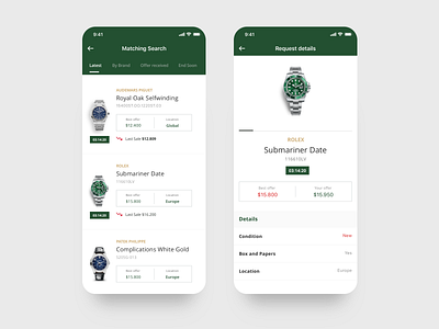 Search results and request details app app design audemars piguet listing luxury patek philippe product page rolex search results watch