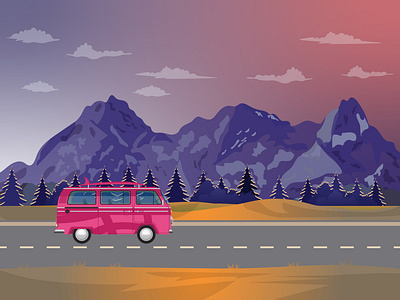 Dribbble Road Trip camp camping cloud design dribbble graphic hipster illustration landscape minivan mountain night road roadtrip tree trip