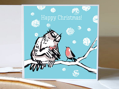 Christmas card owl and robin cartoon character christmas greetingcard illustration owl