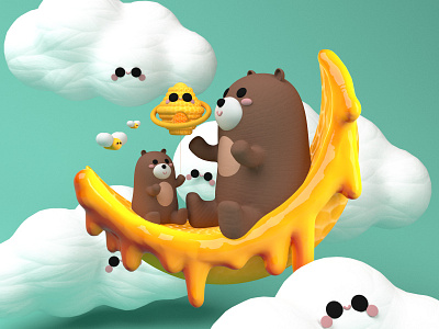 HONEY DREAMS 🧸🍯💫 bears blender blender3d c4d character cinema4d clouds colors dribble family father friendly friends ilustrator japanese art kawai kawaii love octanerender texture