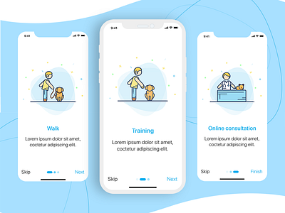 Wagging tail application design application ui application ux ui illustrations onboarding screens onboarding ui online consultation pet app pet care pet grooming pet training pet walk