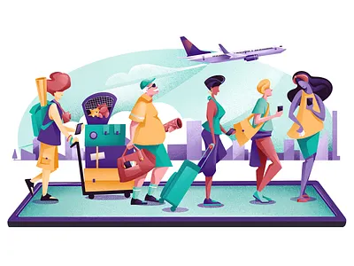Apps On The Radar - Travel app booking characterdesign characters colors editorial editorial illustration flight fly illustration journey phone sail ho studio sho studio tourist traveling travellers vector