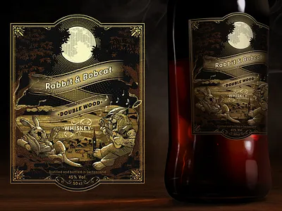 Rabbit & Bobcat Whiskey bobcat engraving rabbit vintage illustration whiskey label