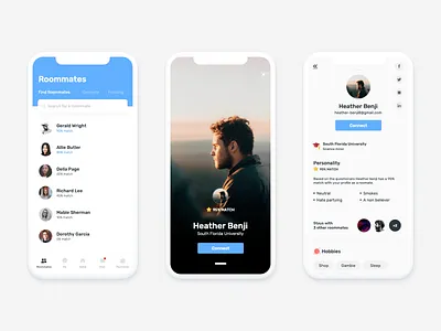 Roommate Finder App app blue blue and white clean connect display picture finder iphonex johny vino picture profile roommate ui uiux