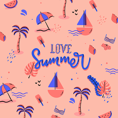 Summer Pattern background beach calligraphy doodle fresh handmade hot illustration logo love millenial palm tree pattern pink sand sea sketch summer sun typogaphy