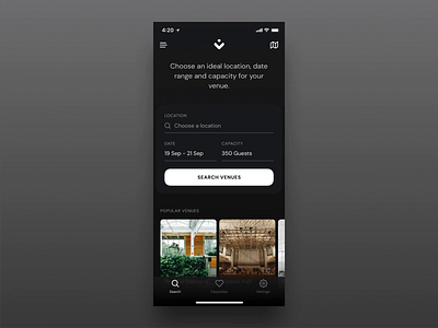 Venues Search Screen animation app booking event iphone map mobile search swipe ui ux venue venues
