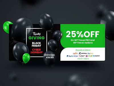 Social Cover Banner - WP Travel black blackfriday branding bubbles color colorfull coupon code cover design cybermonday dark theme design discount illustration minimal percent social media ui ux