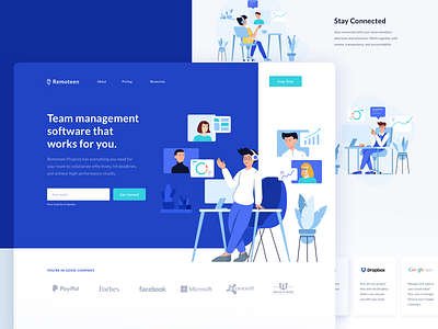 Remoteen Landingpage Full page business chat app clean design home page illustration landing page landingpage start up team management team work ui video conferencing webapp website