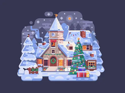Cozy Christmas Night and Little Church christmas church cozy dribbbleweeklywarmup flat design illustration landscape night scene village winter xmas